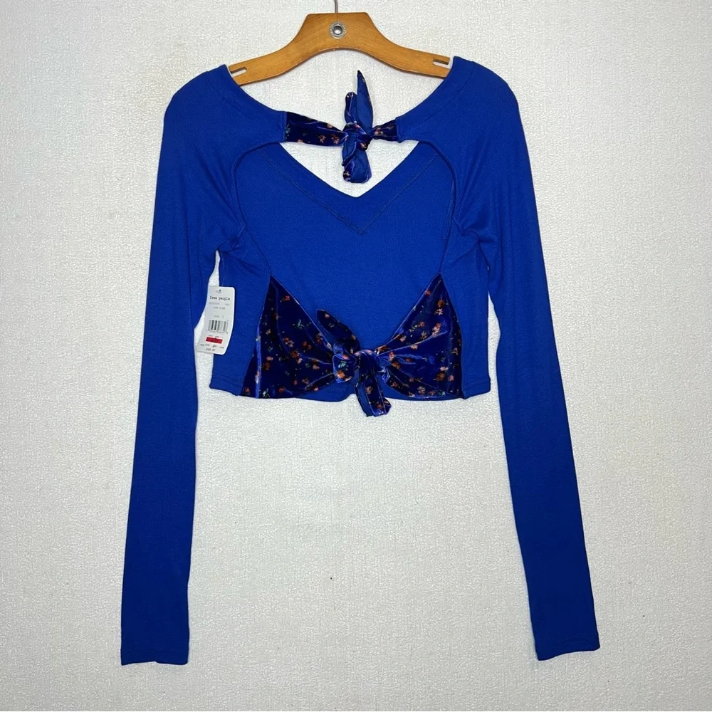 Free People Dual Velvet Tie Back Straps Long Sleeve Women's Top Blue Flame Sz S